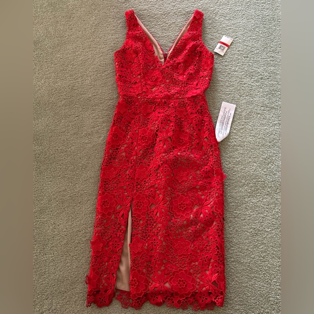 Dress the Population Red Floral Crochet Lace Stunner Maxi Dress XS